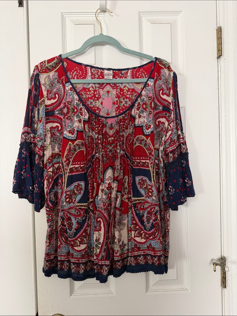 Bila Red, Navy & Cream Paisley Scoop Neck Tunic with Cold Shoulder Sleeves